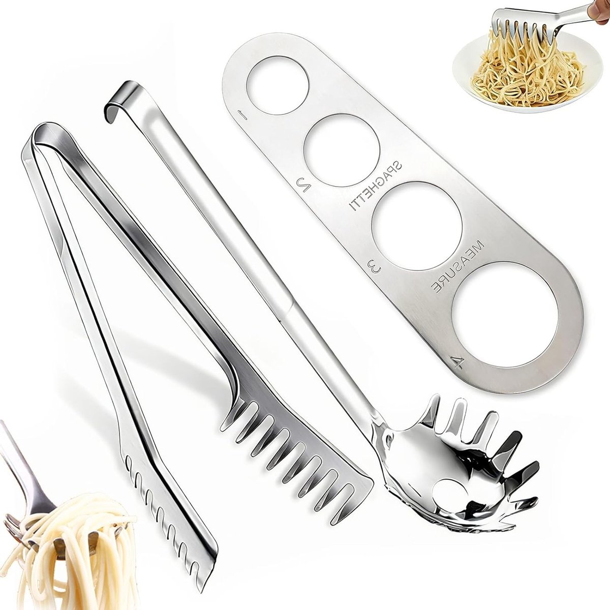 Set van 3 roestvrijstalen pastatangen, spaghettilepels en pastamessen met ergonomische handgreep, perfect keukengerei voor het bereiden en serveren van pasta gerechten