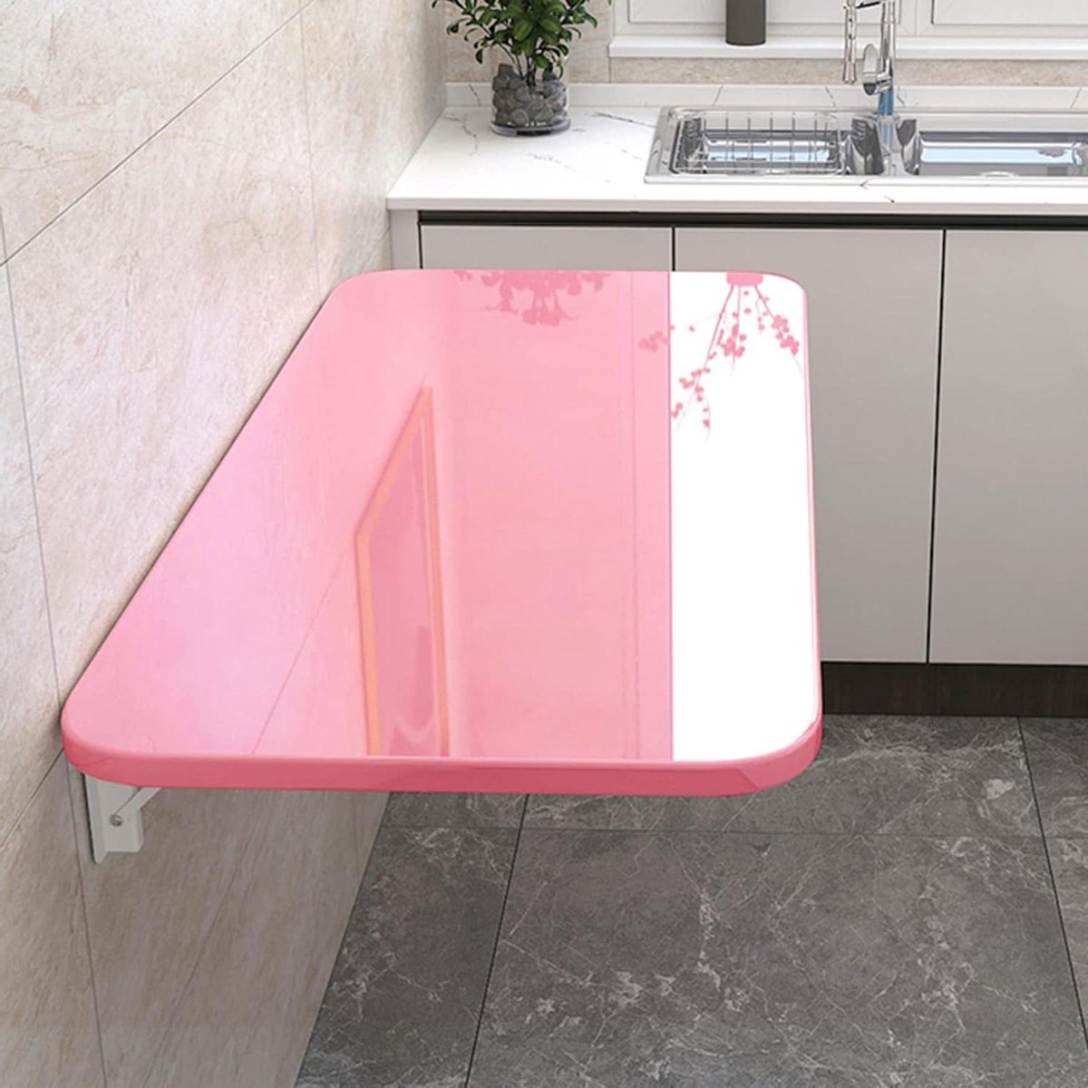 Opklapbare Wandtafel - Wandmontage Tafel Bureau - Ruimte Besparen - Driehoekige Steun - 70x30cm - Roze