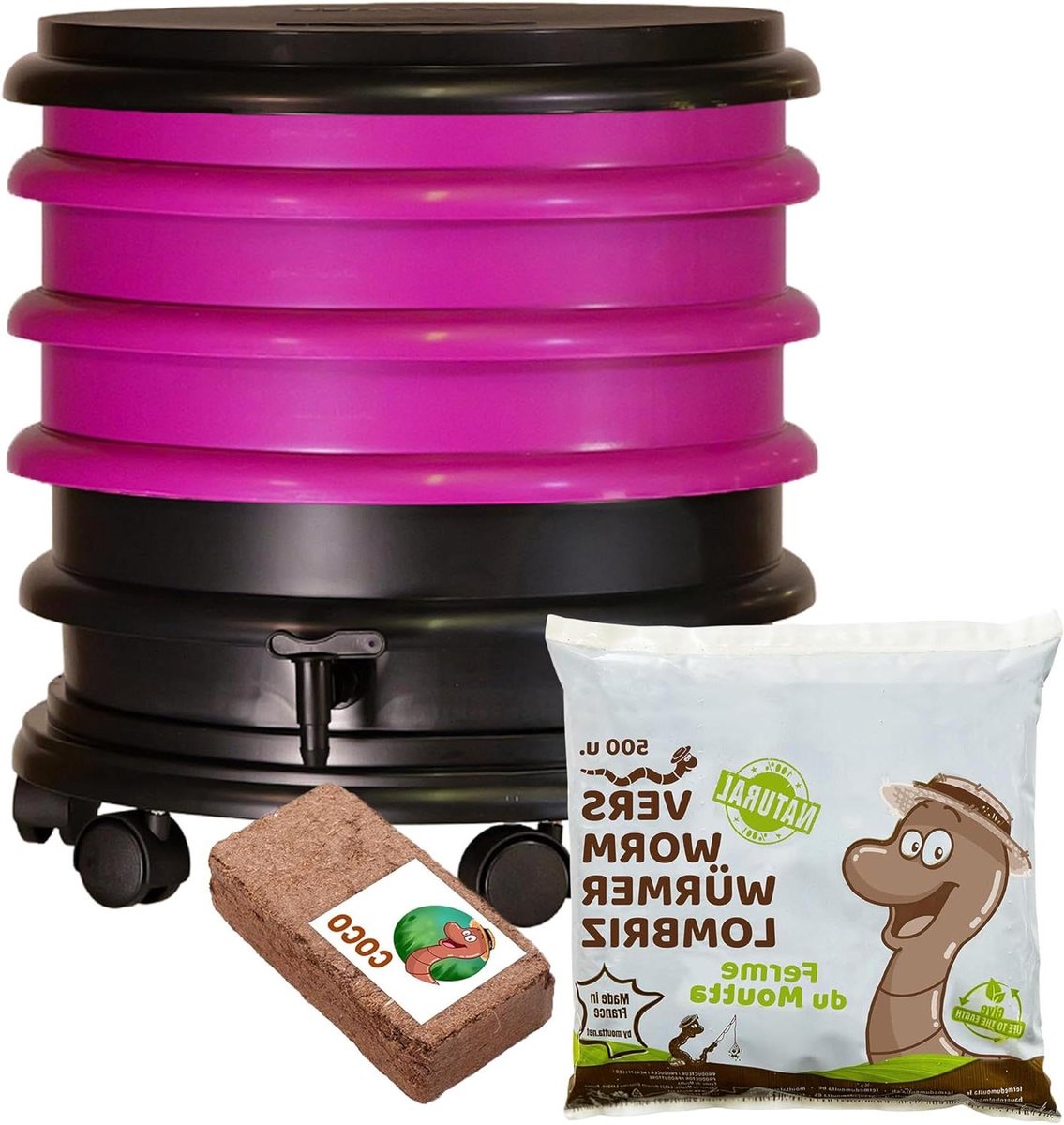 Wormenbak Compostbak - Lombricompost Bak - Organisch Afval Verwerken - 3 Bakken Stapelbaar - 48 liter - Framboos