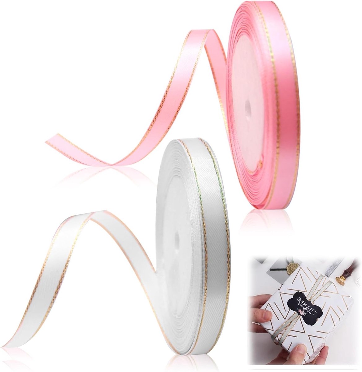 Satin lint in 2 stuks, 10mm x 22m, wit en roze met gouden versieringen voor bruiloften, cadeauverpakkingen en bloemstukken