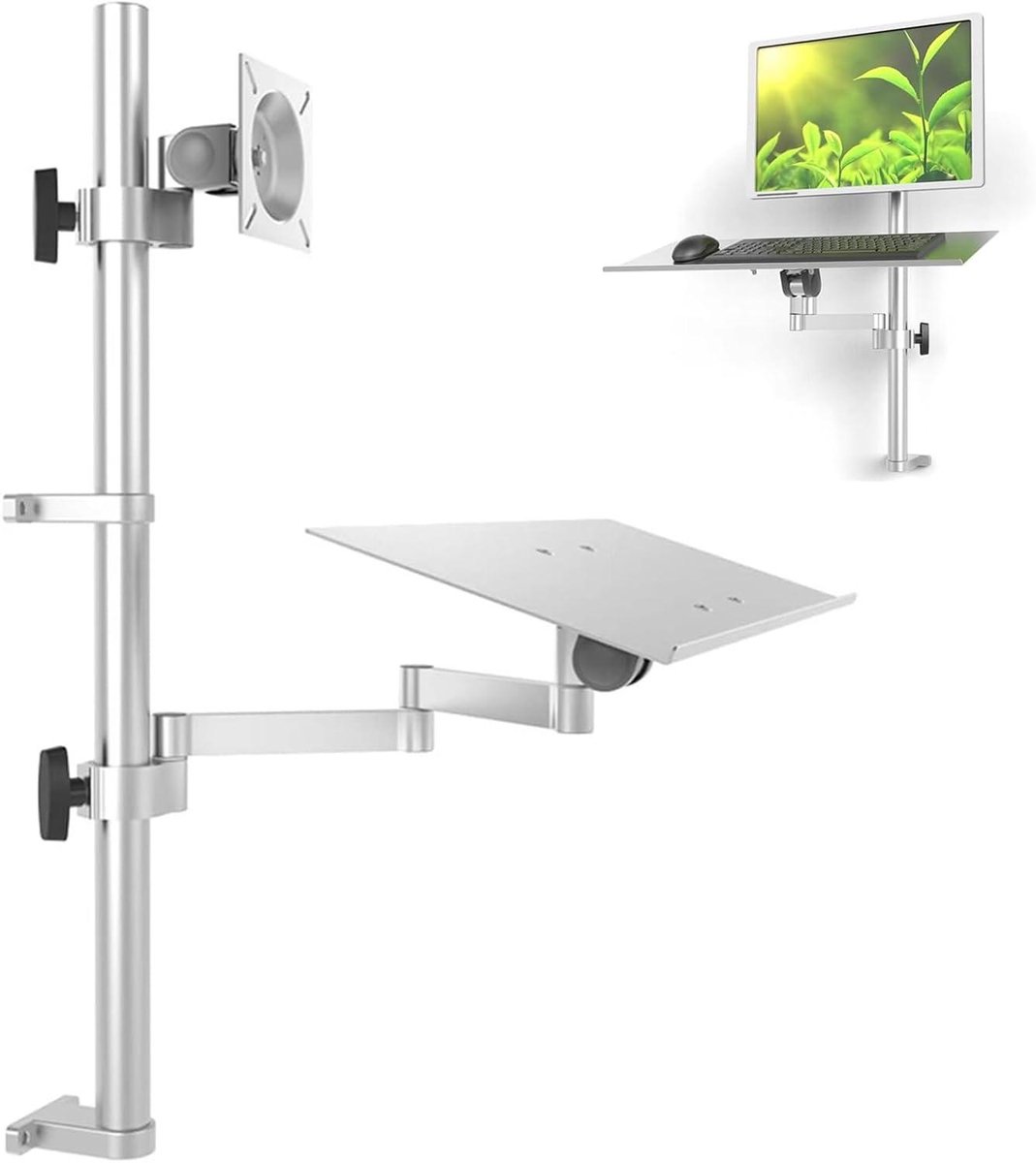 Monitorarm Bureaubevestiging - Verstelbare Monitorsteun - Ergonomisch Werken - Met Toetsenbordlade - 75 cm Armlengte - Zilver