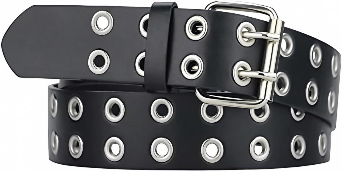 Zwarte Leren Ceintuur voor Dames 110cm, Dubbele Gaten, Punkstijl, Geschikt voor Diverse Kleding en Jeans, Modieuze Accessoire