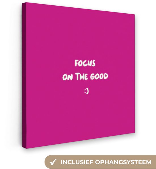 Canvas schilderij 50x50 cm - Exclusieve wanddecoratie Focus - Smiley - Roze - Muurdecoratie woonkamer - Slaapkamer decoratie - Kamer accessoires - Schilderijen op canvas