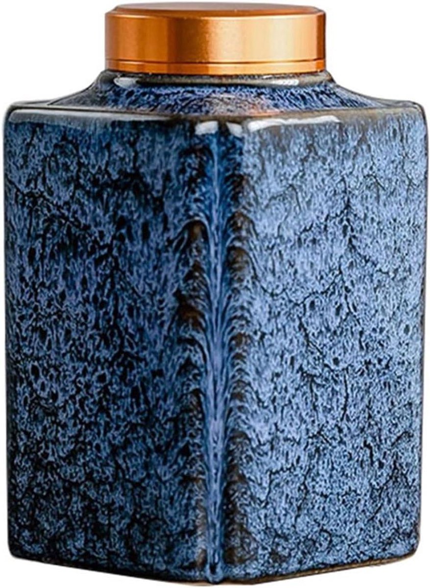 Keramische Theebus - Theewaar Opslagbus - Thee Bewaren - Oven Glazuur - 7x11cm 385ml - Blauw