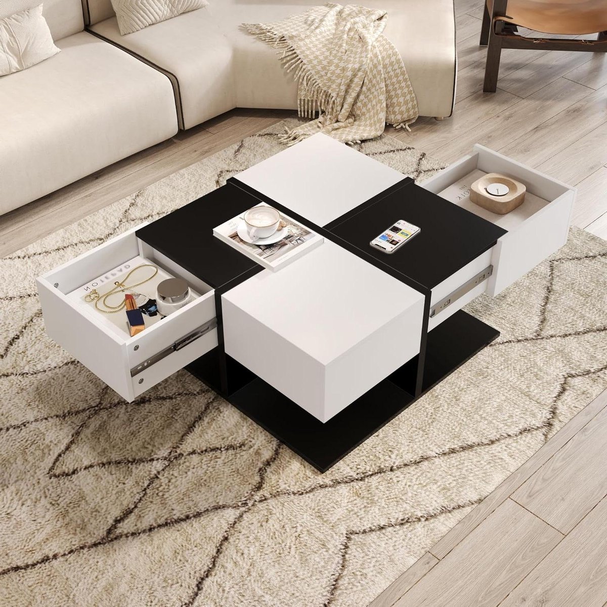 Vierkante salontafel - Woonkamertafel met opbergruimte - Woonkamer inrichten - Hoogglans design met 2 laden - 70 x 70 cm