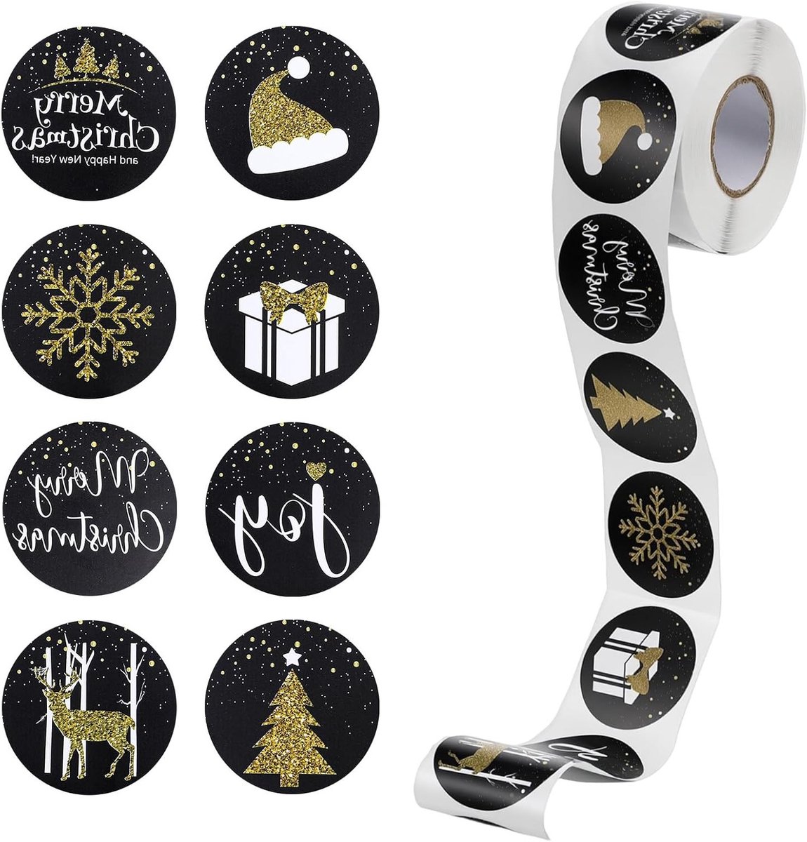 Set van 500 Zelfklevende Kerststickers - 3.8 cm, Zwarte en Gouden Ronde Stickers voor Kerstcadeaus en Versiering