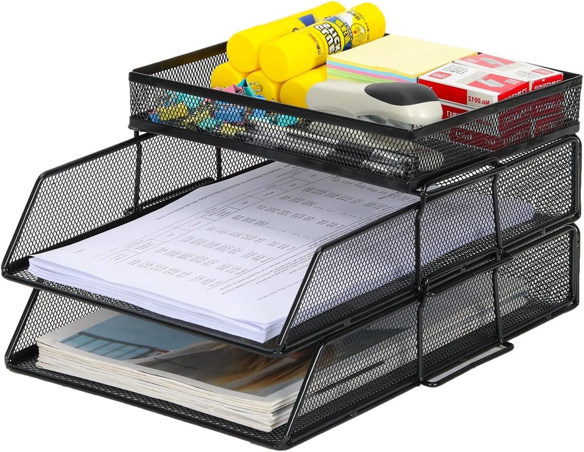 2-Tier A4 Mesh In Trays Stapelbare Bureau Organizer voor Documenten, Papieren en Kantoorbenodigdheden - Zwart