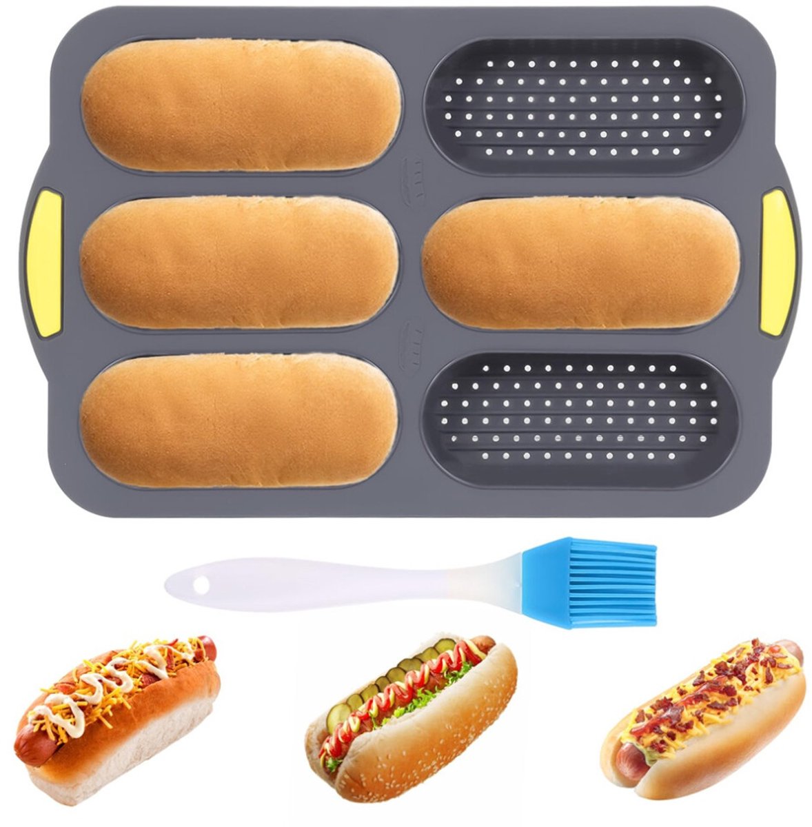 Hotdogbroodjesvorm (met oliekwast), stokbroodvorm (met 6 groeven)
