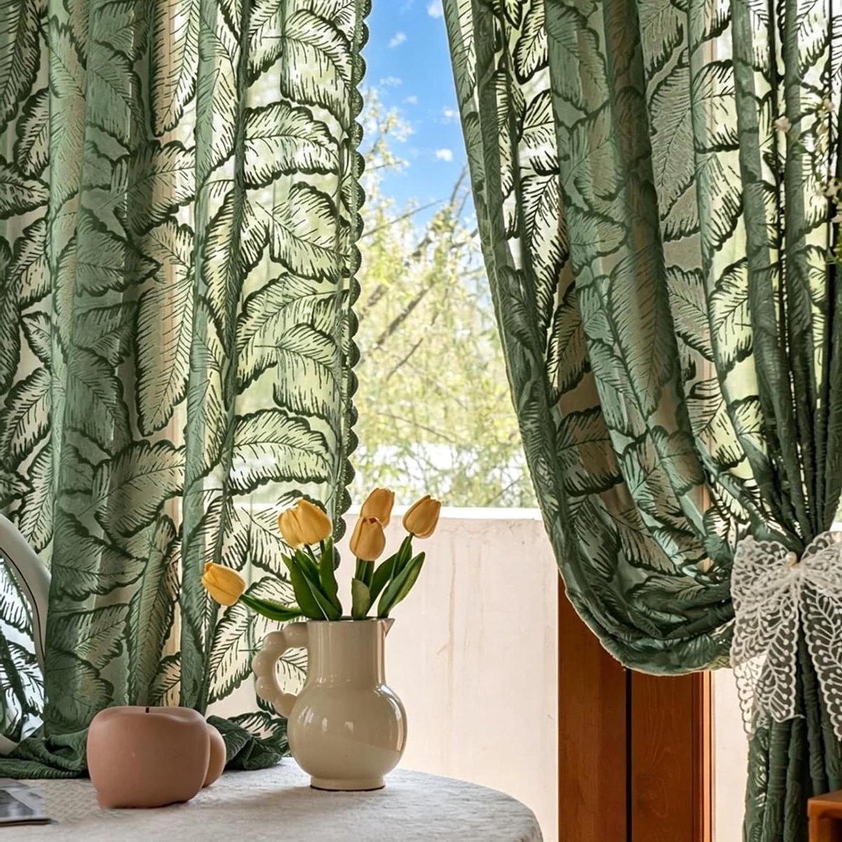 Kanten Gordijnen - Vitrage Jaloezieën - Woonkamer Decoratie - Shabby Chic Jacquard - 90x200 cm - Olijfgroen