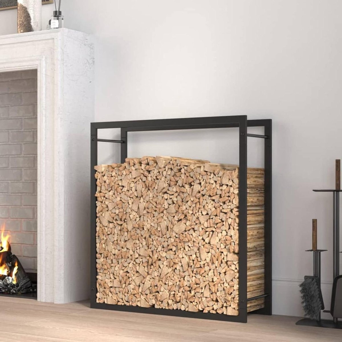 Houthaard Rek - Houtopslag Haard - Haardhout Opslaan - Stabiele Constructie - 80 x 28 x 86 cm - Zwart Mat