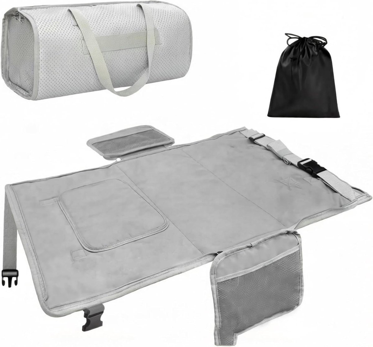 Peuter Reisbed - Vliegtuigstoelverlenger - Comfortabel Reizen - Lichtgewicht Oxford Stof - 30 x 26 x 5 cm - Grijs