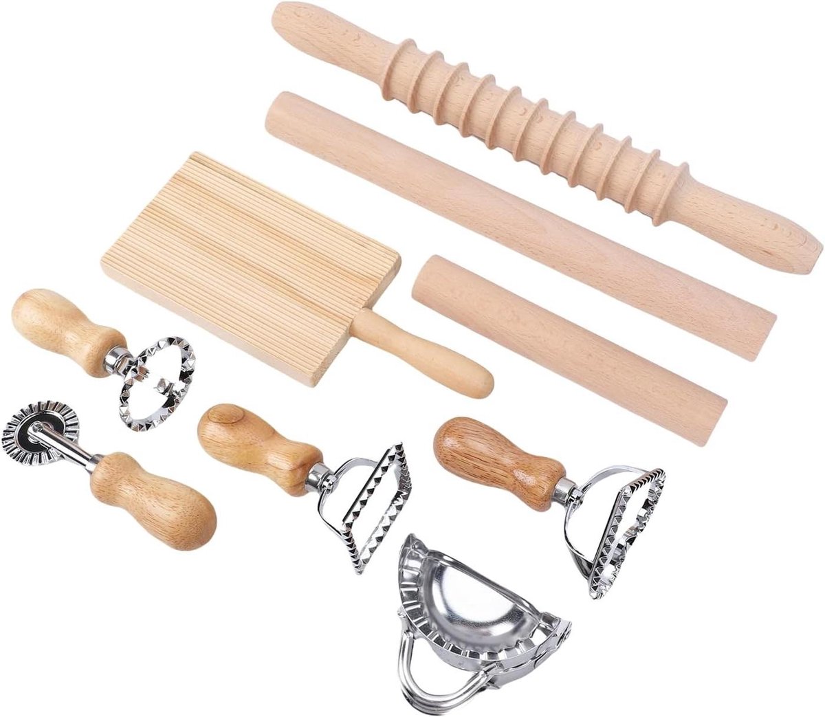Pastamaker Set - Gnocchi Ravioli - Thuis Koken - Beukenhout RVS - 21x9cm - Natuurlijk