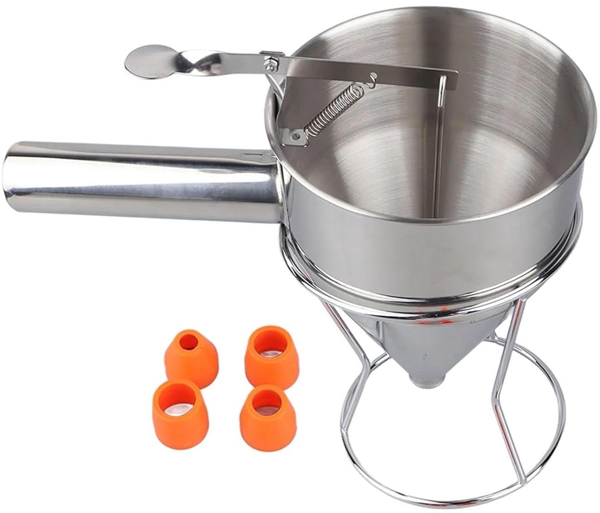 Deegdispenser Pannenkoeken - Bakkerij Trechter - Beslag Verdelen - Schone Uitgieting - 4 Mondstukken - Zilver