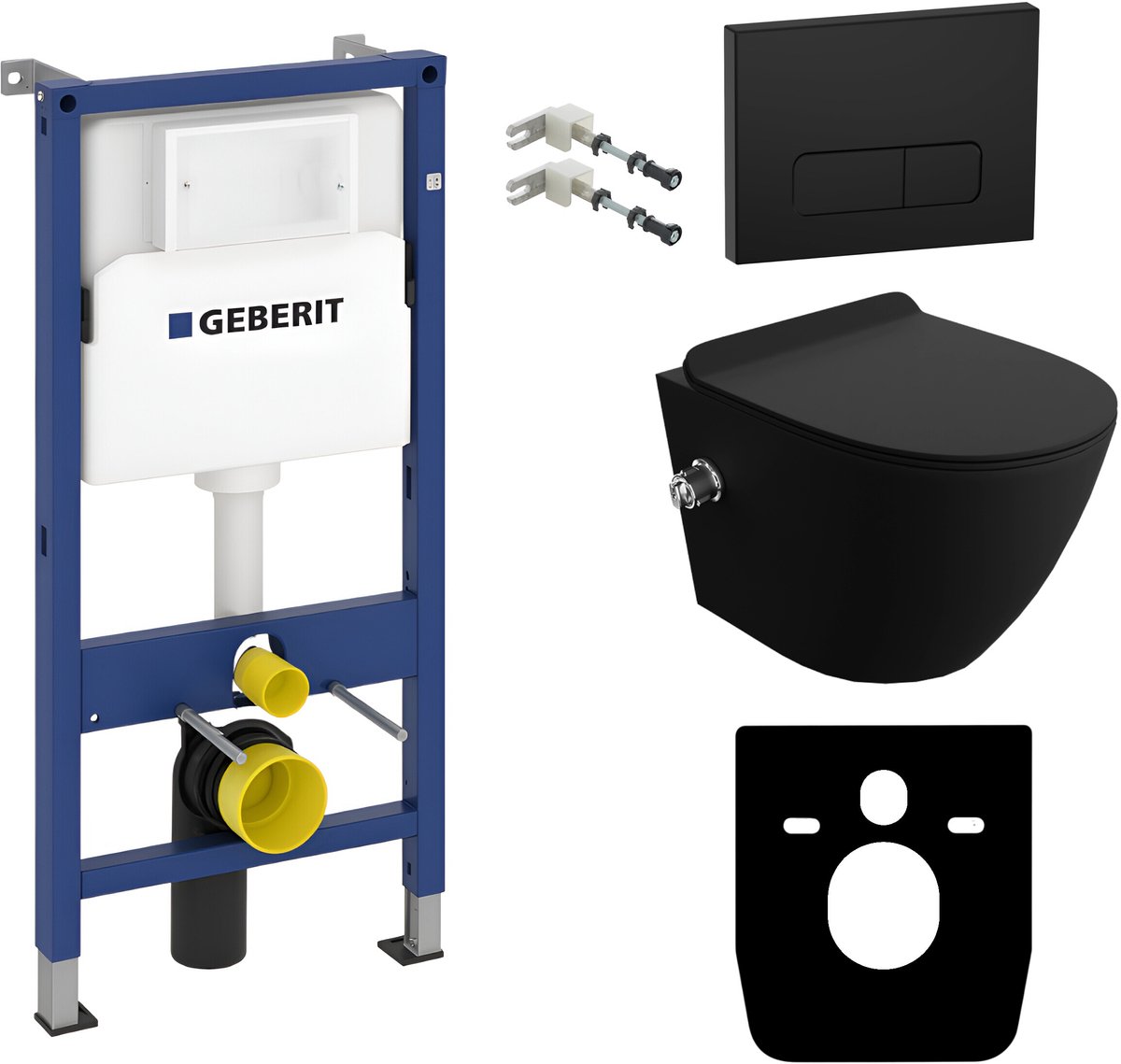 Inbouwreservoir Complete Toiletset Geberit Duofix Basic - Inbouw WC Hangtoilet Wandcloset SALTO BLACK Zwart Mat - Bedieningsplaat DELTA Zwart - Voorwandelement - Installatiesysteem