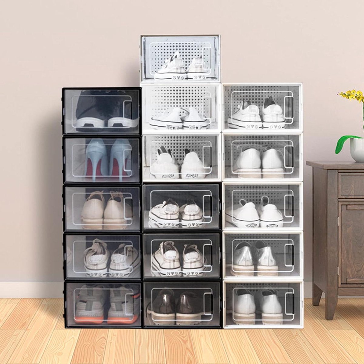 Schoenendozen - Opbergdozen - Schoenen Opslaan - Transparant Deksel - 8 Stuks - Zwart