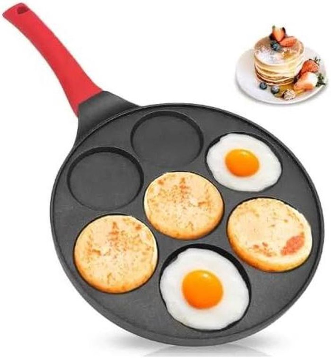 Koekenpan met 4 Gaten - Pannenkoekenpan Ontbijtpan - Ontbijt Maken - Anti-aanbaklaag - 1 Liter - Rood & Zwart