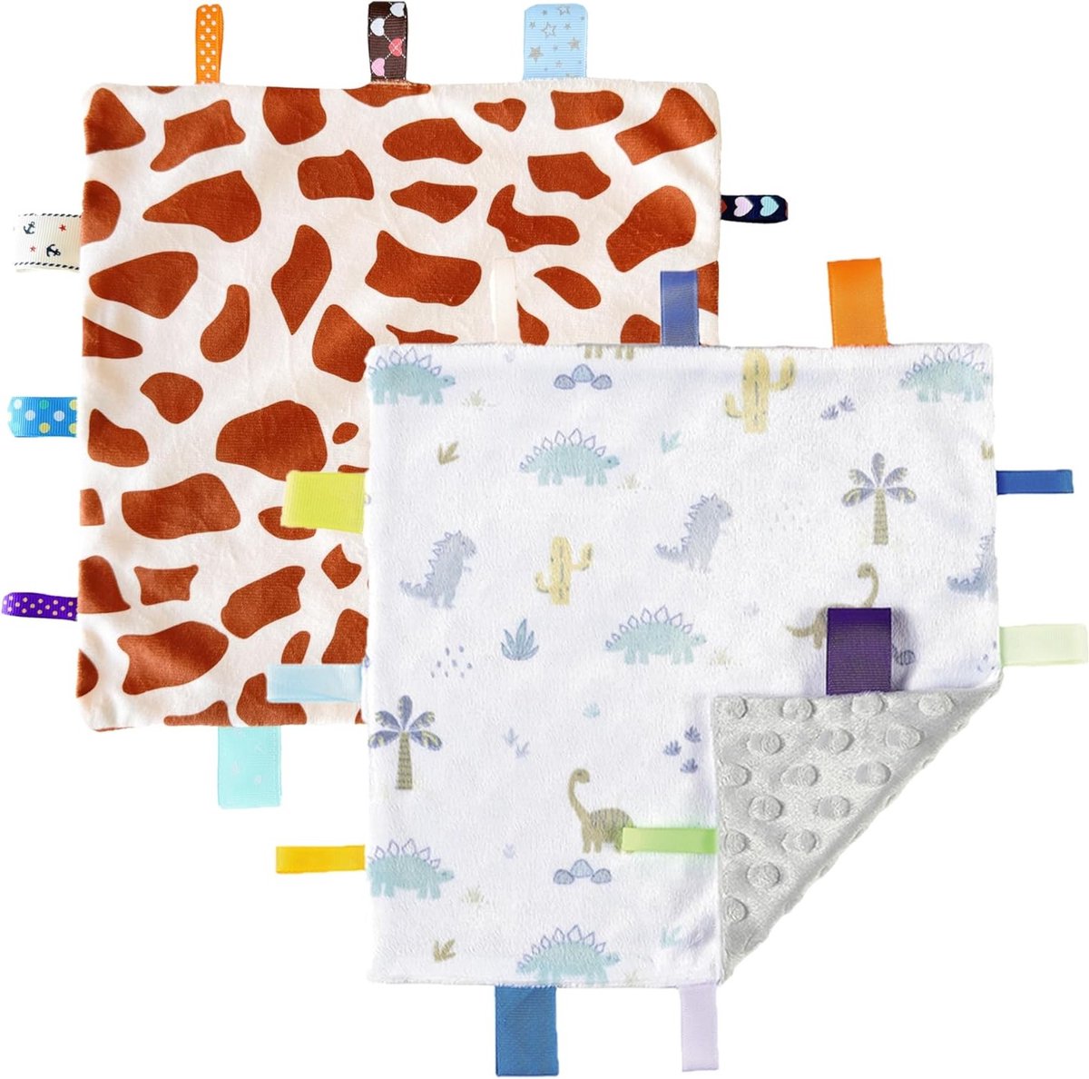 Zachte en Kleine Babydeken met Label, Sensory Deken voor Kinderen, Perfecte Verjaardagscadeau voor Babyshowers, 24 x 24 cm, Giraffe en Dinosaurus met Vlekken