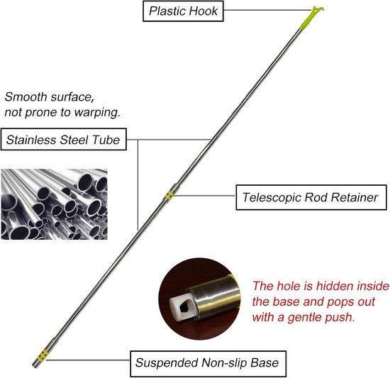 Telescopische Stang - Raamstok Gordijnstok - Hoge Ramen Bediening - Verstelbaar Uitschuifbaar - 125-220cm - Zilver — afbeelding 5