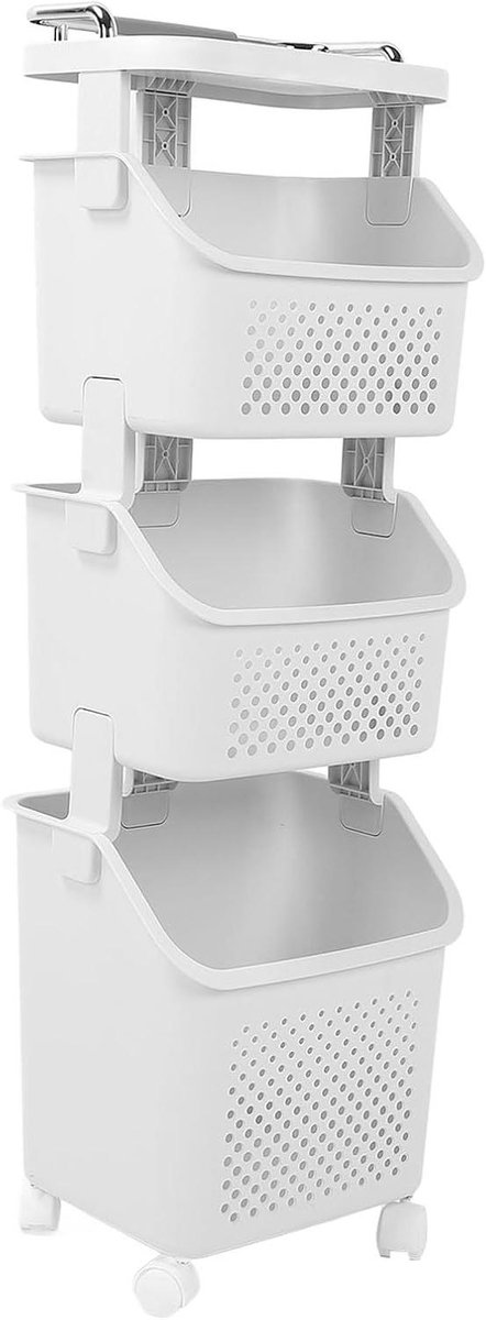 Rollende Wasmand - Kledingopberger - Thuis Organiseren - Stapelbaar met Remmen - 3 Niveaus - Wit