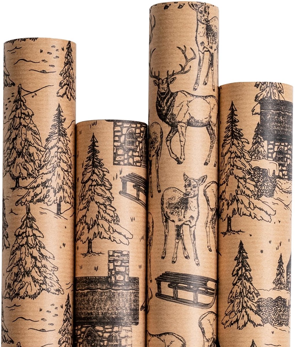 Dailygoody - Kerst Inpakpapier - Kraft Kerstlandschapsontwerp - Jumbo Rol - 4 Rollen - 43,5x305 cm - Perfect voor Feestdagen - Cadeaupapier