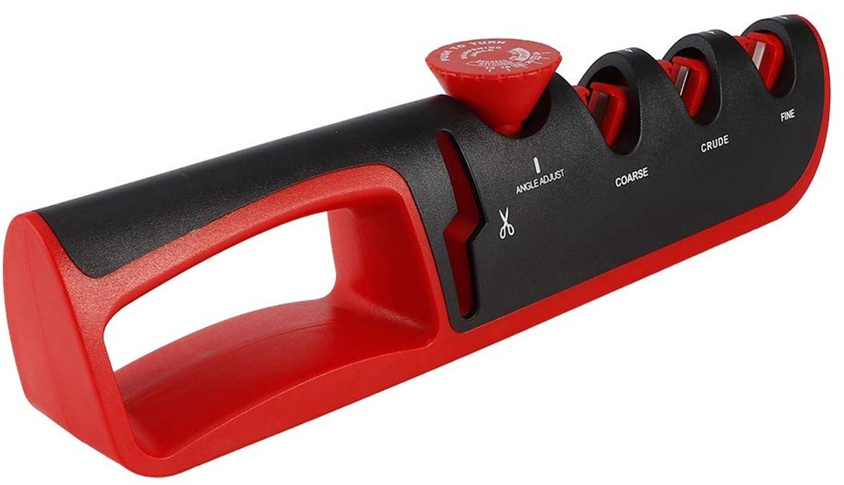 Dailygoody - Professionele Keukenmes Slijper - 4-Fase Handmatige Mes Slijpers - Non-Slip Basis - Rood - Multifunctionele Mes Slijper - Ideaal voor Kok...