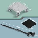 Afmetingen van een zilveren meubelroller, een zwarte anti-slipmat en een steunbeugel.