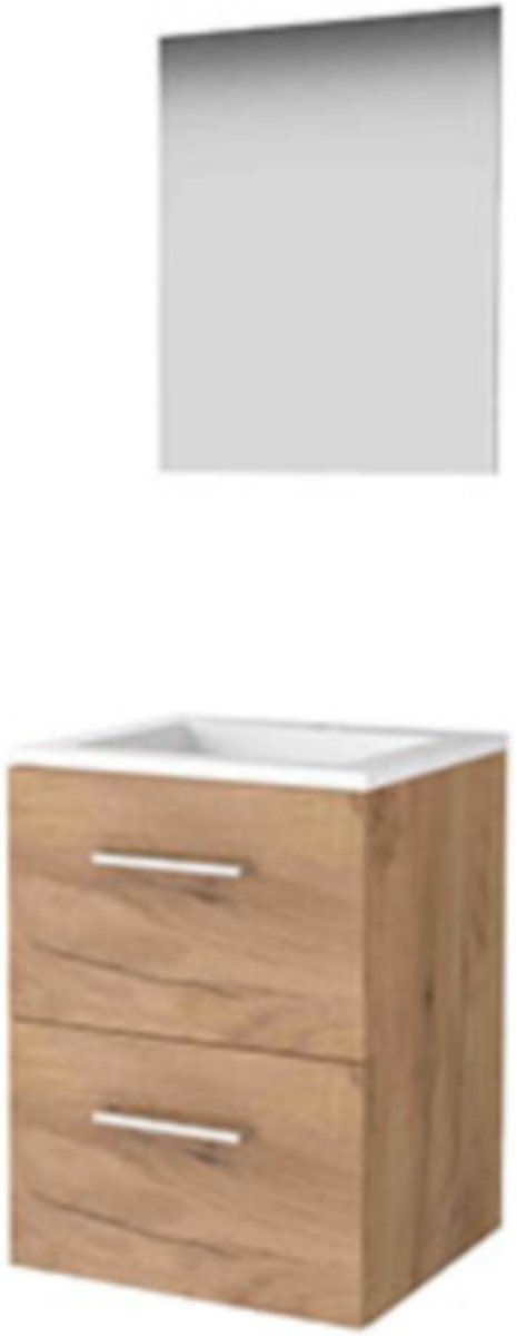 Basic-Line Ultimate 46 Badkamermeubelset - 50 x 46 cm - Met Grepen - 2 Lades - Acryl Wastafel - 1 Kraangat - Spiegel met Indirecte LED Verlichting - Whisky Oak