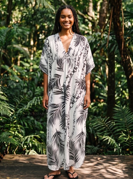 Robe caftan en rayonne bohème - Blanc Noir Palm Chains - Robe longue caftan de plage