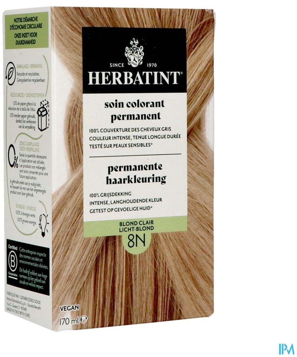 Herbatint 8N Licht Blond – permanente vegan haarkleuring – Met 8 plantenextracten – 170 ml