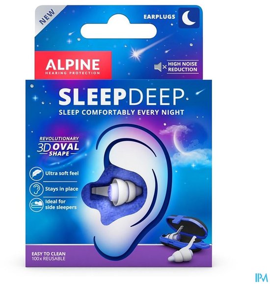 Alpine SleepDeep oordopjes, nieuw, met "SLEEPDEEP" en "HIGH NOISE REDUCTION". Ovalen vorm, ultra zacht. Inclusief opberghoesje.