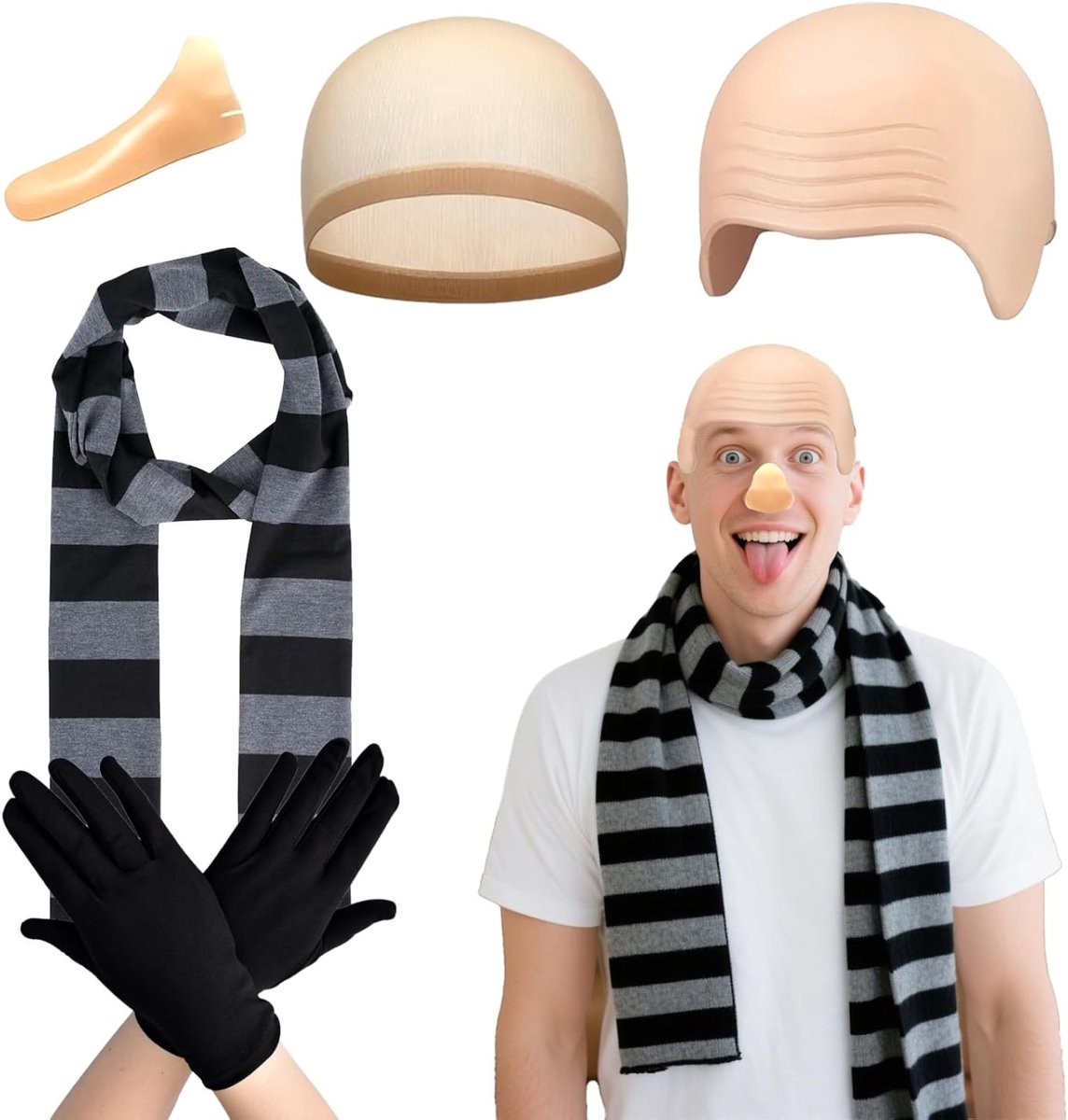 Halloween Kostuum Set voor Volwassenen met Gestreepte Sjaal, Bald Cap, Haarnet, Nepphandschoenen en Lange Neus voor Cosplay en Feestjes