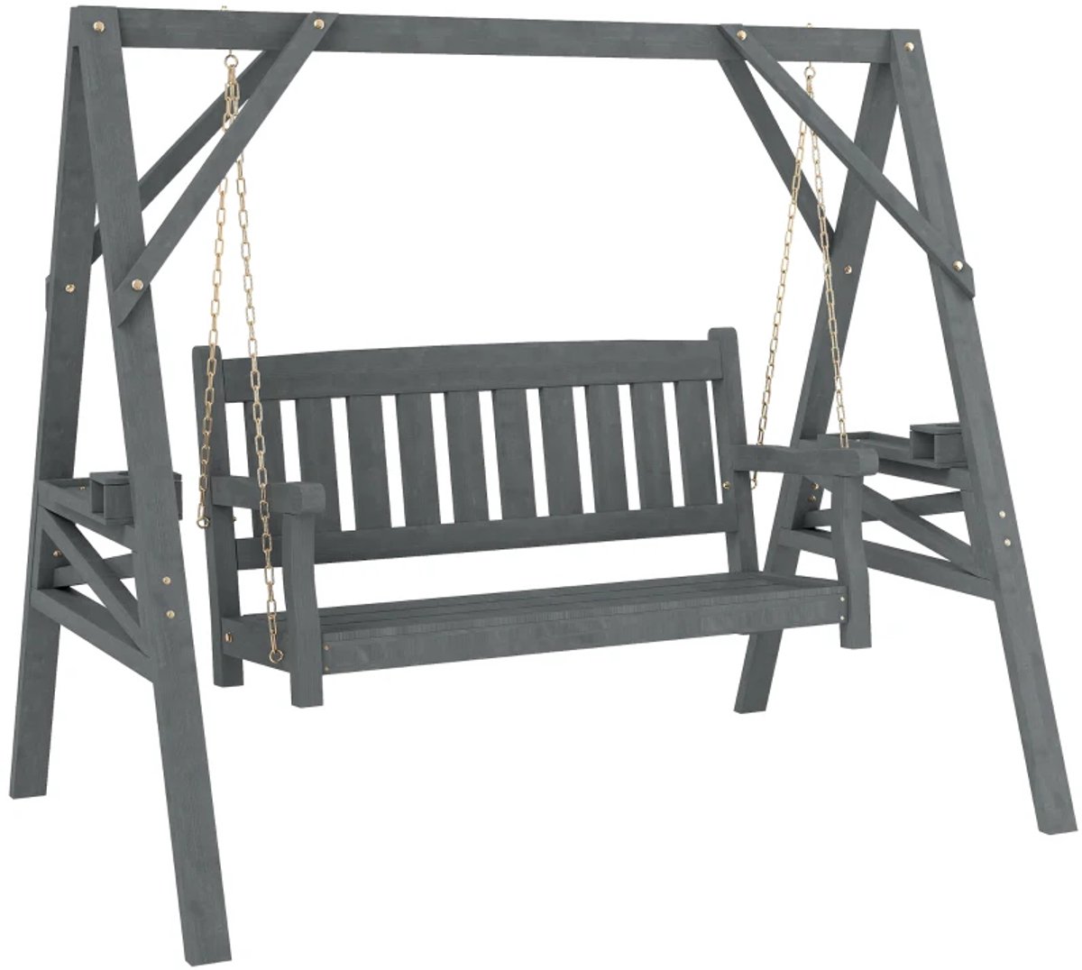 Hollywood Schommel - Houten Schommelbank met Bekerhouders & Planken - 2-zits Tuinbank - Tuinschommel 2 Personen - tot 250 kg - Schommelstoel - Tuinmeubelen - voor Tuin, Terras, Balkon - Grijs