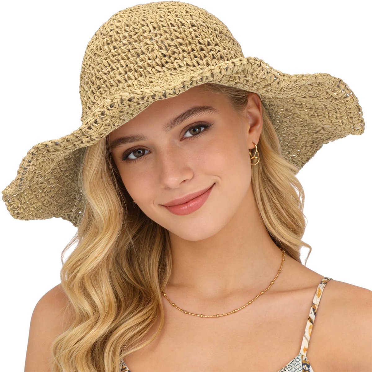 Topmelon Zonnehoed Dames — Strohoeden voor Dames – Opvouwbare Zomerhoed met 10 CM Brede Rand – Reis hoed Khaki