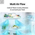 Illustratie van Multi Air Flow-technologie in een koelkast met verse groenten en kaas.