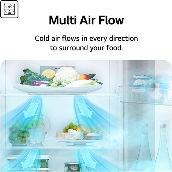 Illustratie van Multi Air Flow-technologie in een koelkast met verse groenten en kaas.
