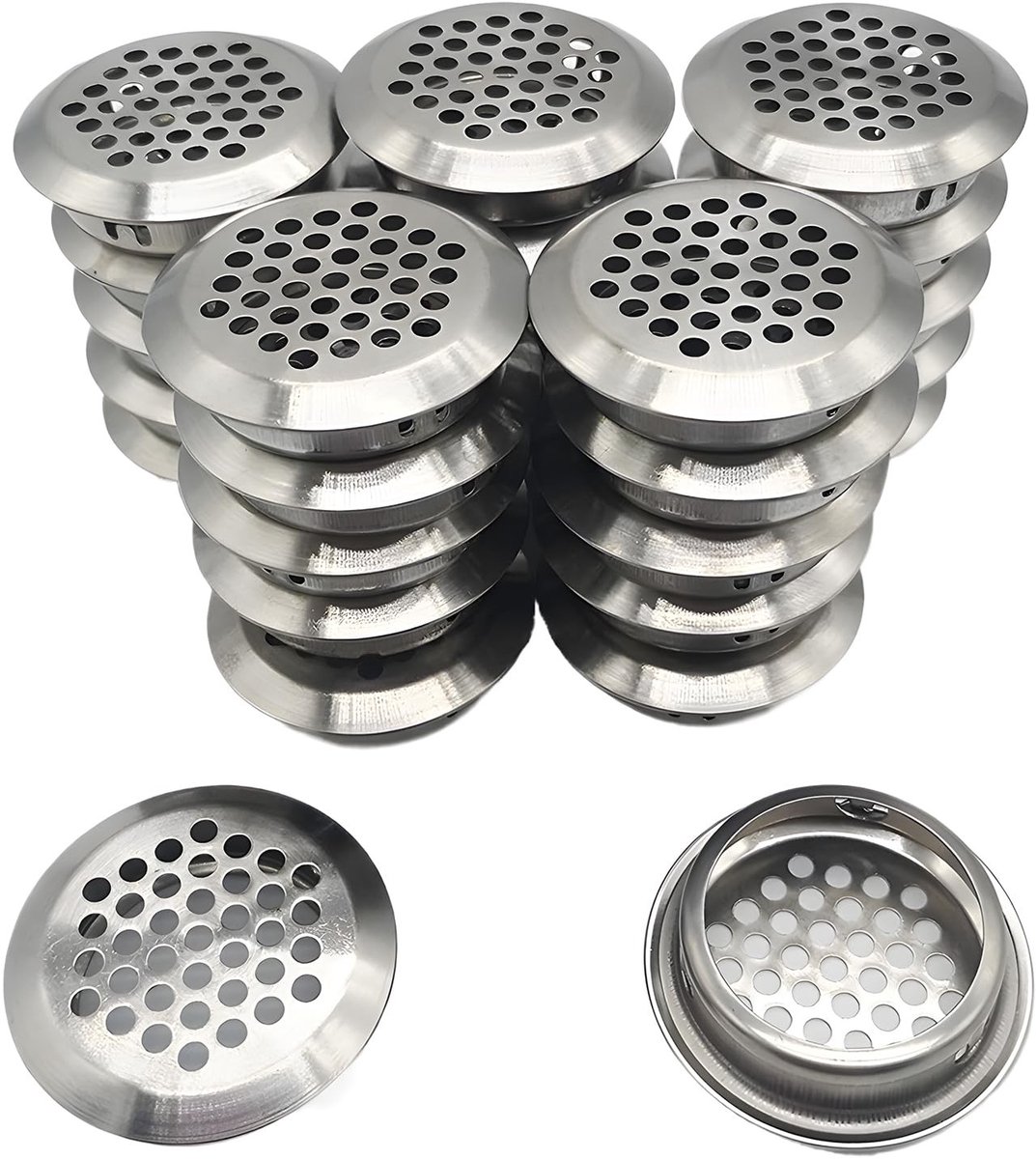 aladdien - Ventilatierooster - 27 stuks - Roestvrij staal - Ronde ventilatie - Geschikt voor keuken en meubels - Zilver