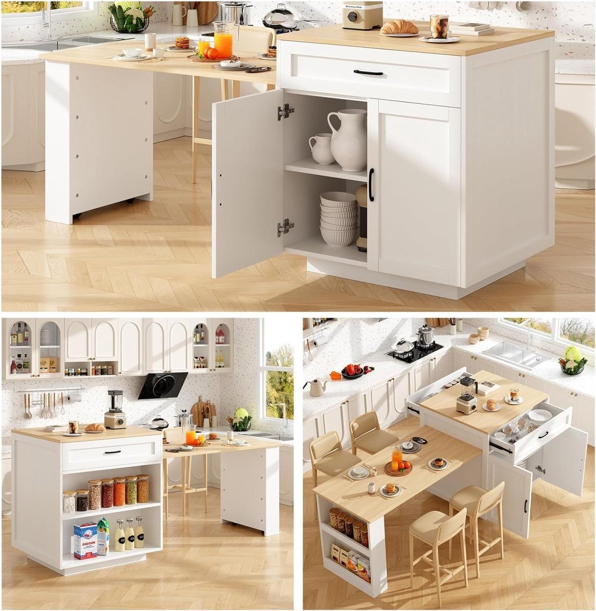 Keuken Eiland - Woonkeuken Tafel - Ruimte Besparen - Uitschuifbaar - 133-202 cm - Wit