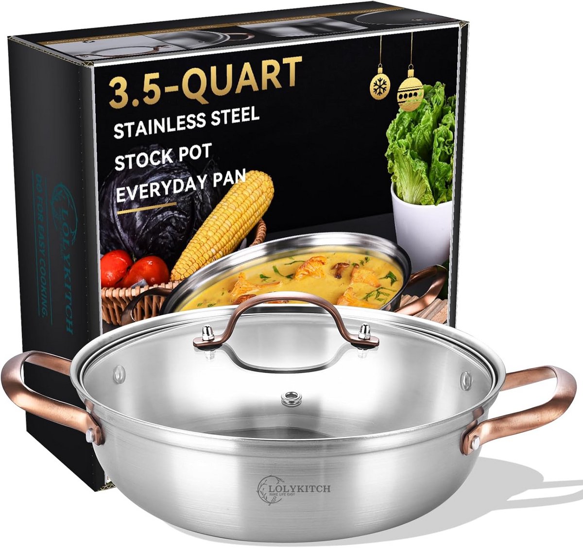 LOLYKITCH Tri-Ply roestvrij staal 11 inch 3,5 QT dagelijkse pan met deksel, diepe koekenpan, braadpan, inductie kookpot, voorraadpot, vaatwasser en ovenbestendig.