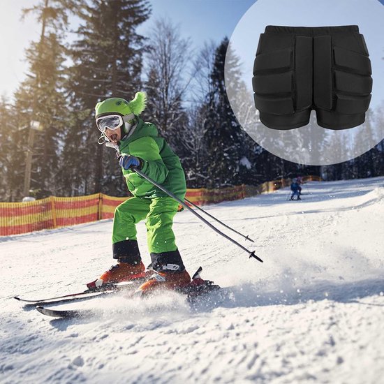 Zwarte, gewatteerde ski broek met schuimvulling voor bescherming van de billen.