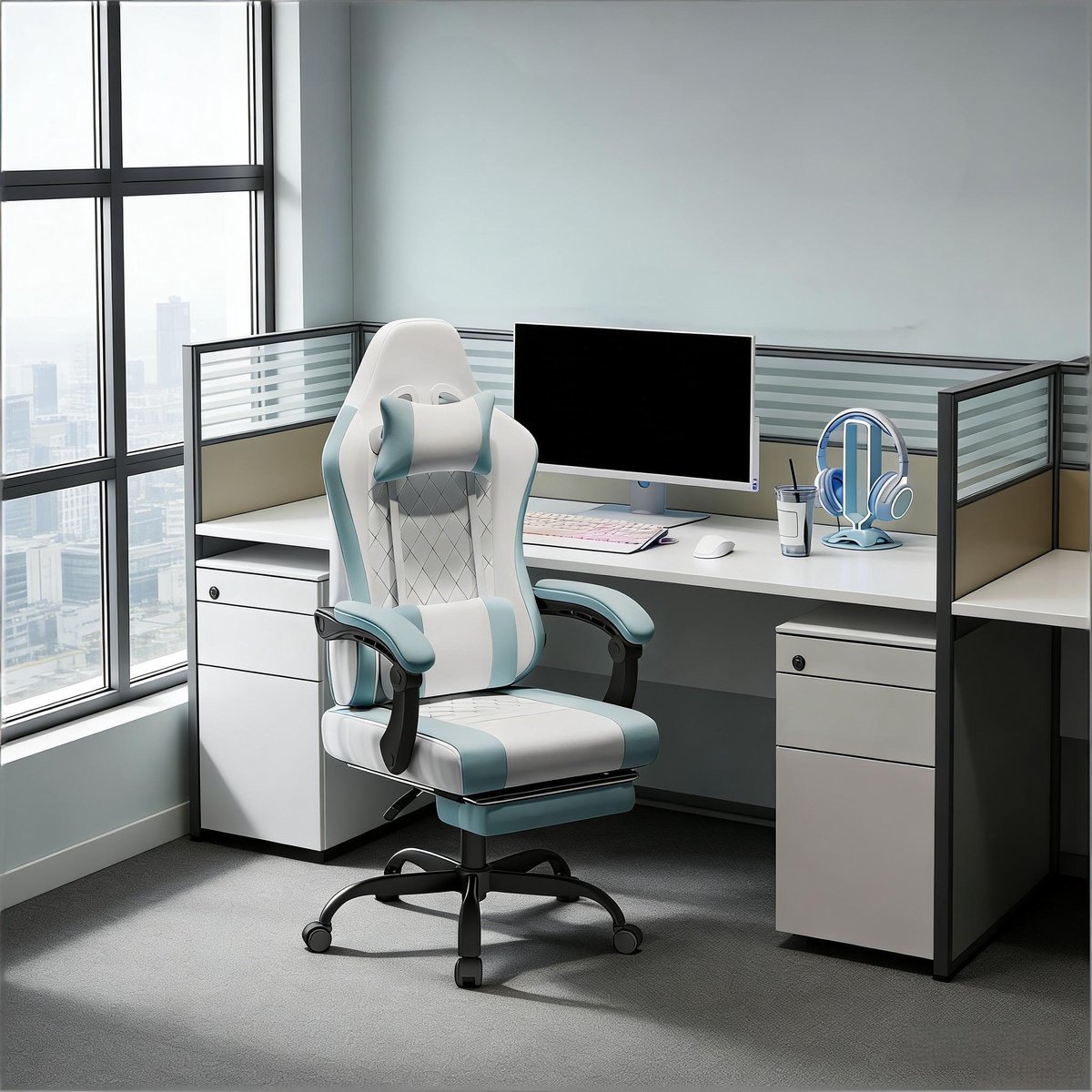 Gamestoel - Gaming chair - Gaming stoel - Verstelbare Ergonomische Gamestoel met Voetsteun - Met leuning - Wit