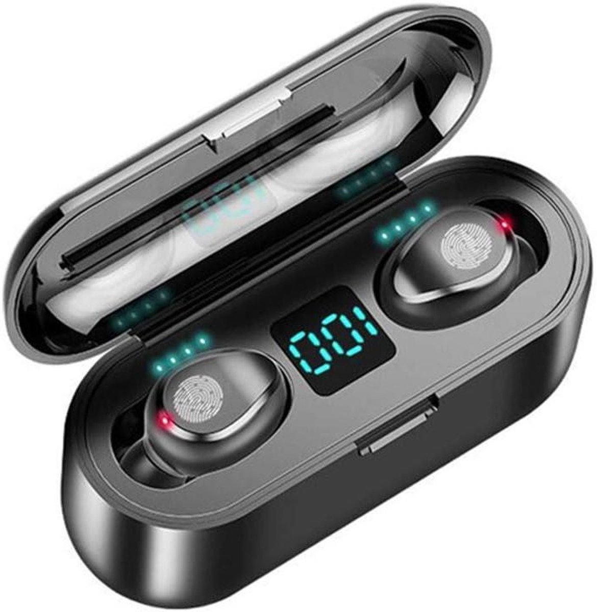 Draadloze Oordopjes - Mini Headset - Muziek Luisteren - LED Display - 2000mAh Oplaadcase - Zwart
