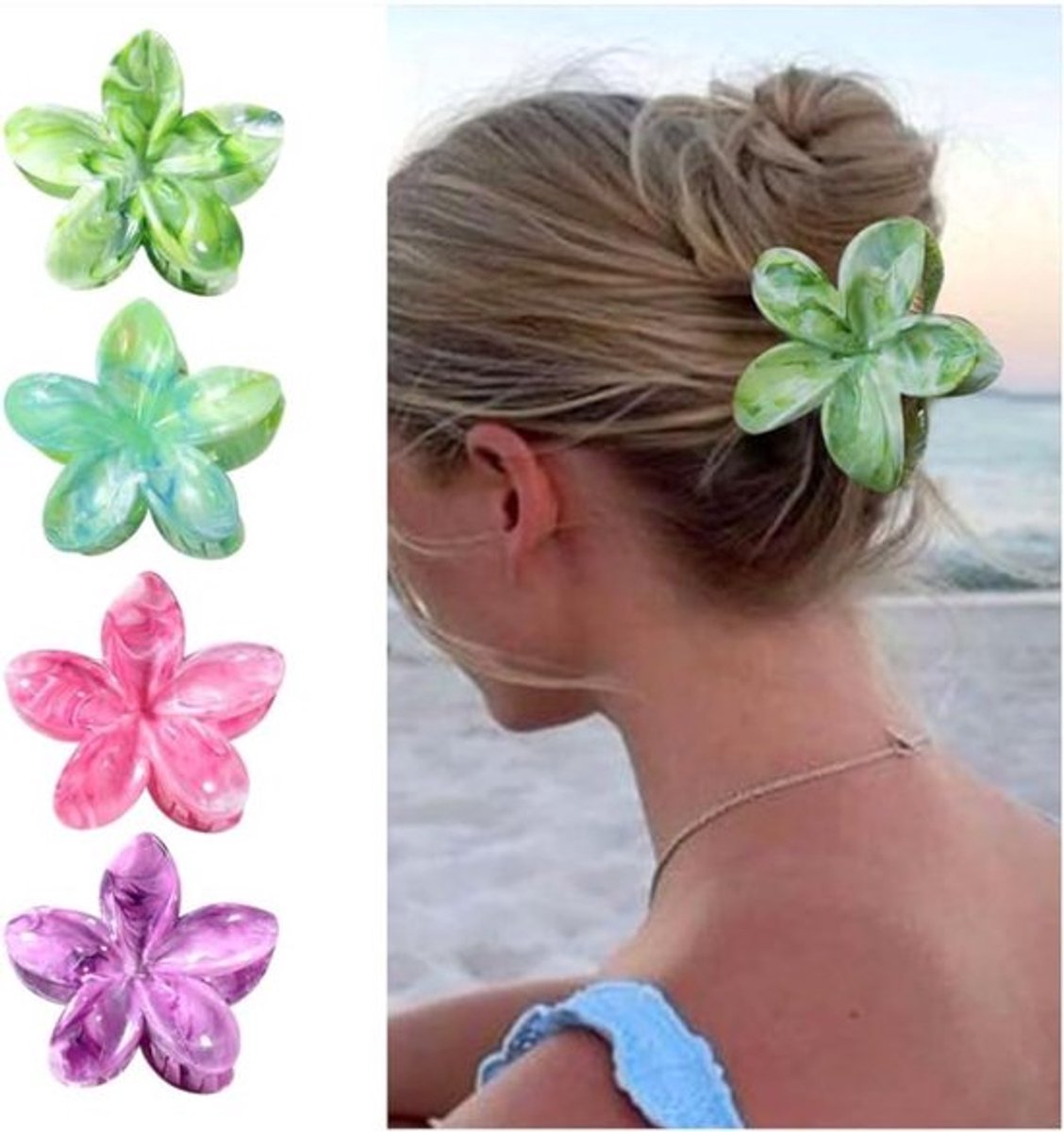 Bloem Haarclips Set van 4, Veelkleurig Patroon, Grote Bloemvorm, Antislip