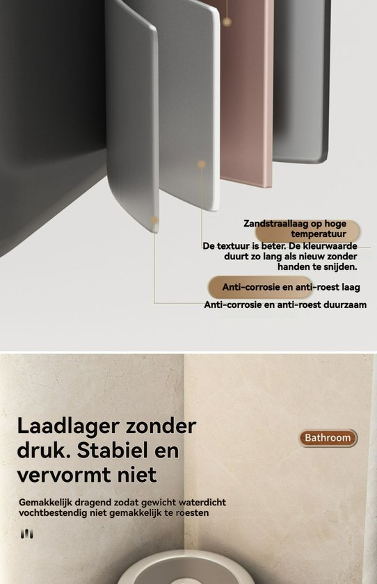 Detail van gelaagd materiaal in verschillende tinten grijs en roze, met de tekst "Laadlager zonder druk. Stabiel en vervormt niet."