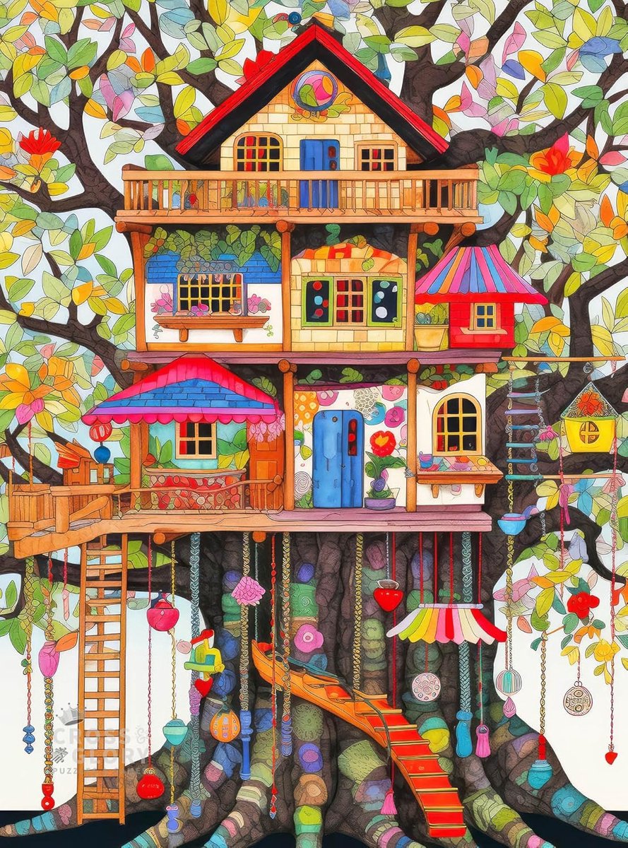 Legpuzzel 1000 stukjes - Volwassen puzzel - Ontspannende hobby - Grillige kunststijl - 50 x 50 cm - Boomhut thema