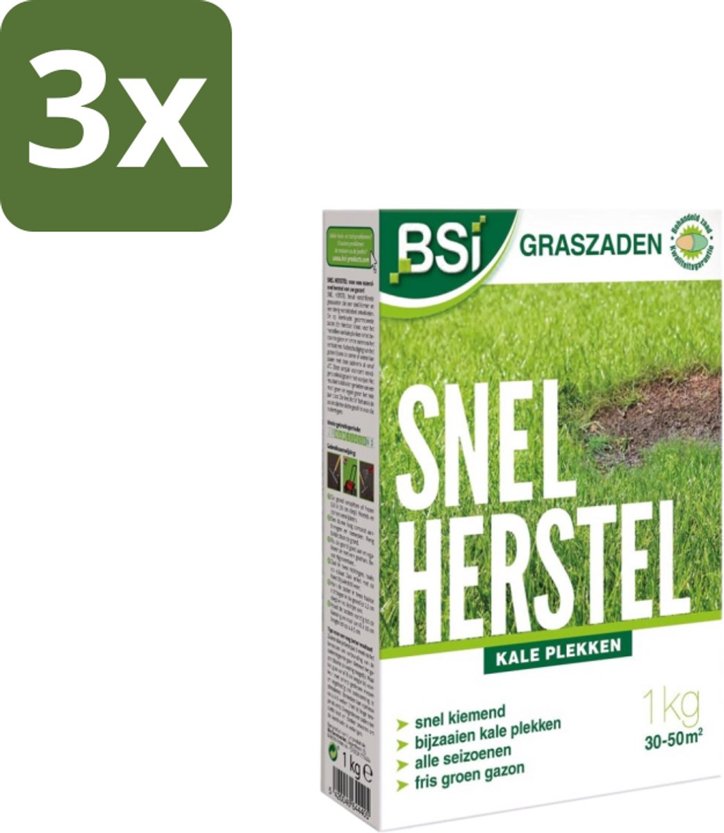 BSI – Graszaad – Snel Herstel – Dicht & Sterk Gazon – 1 kg - Bulkverpakking - 3 stuks