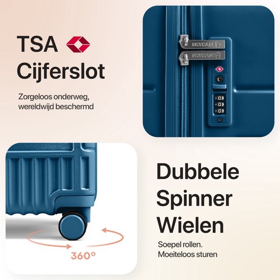 Blauwe koffer met TSA cijferslot en dubbele spinner wielen voor soepel rollen.