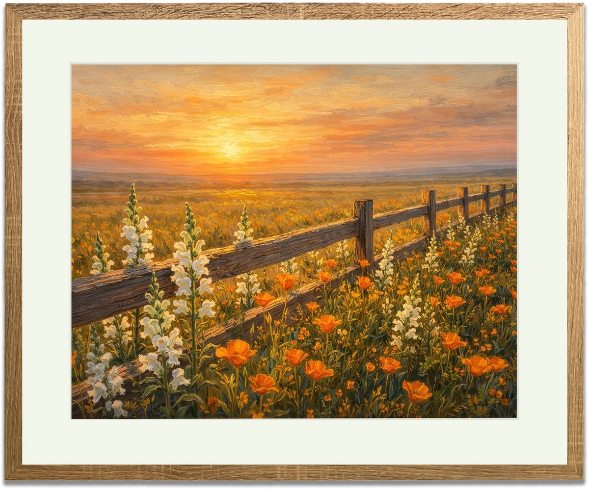 Bloemenomheining - Ingelijste Muurkunst - 63x53cm lichtbruin frame - Glasplaat en Passe-partout - Museum kwaliteit print