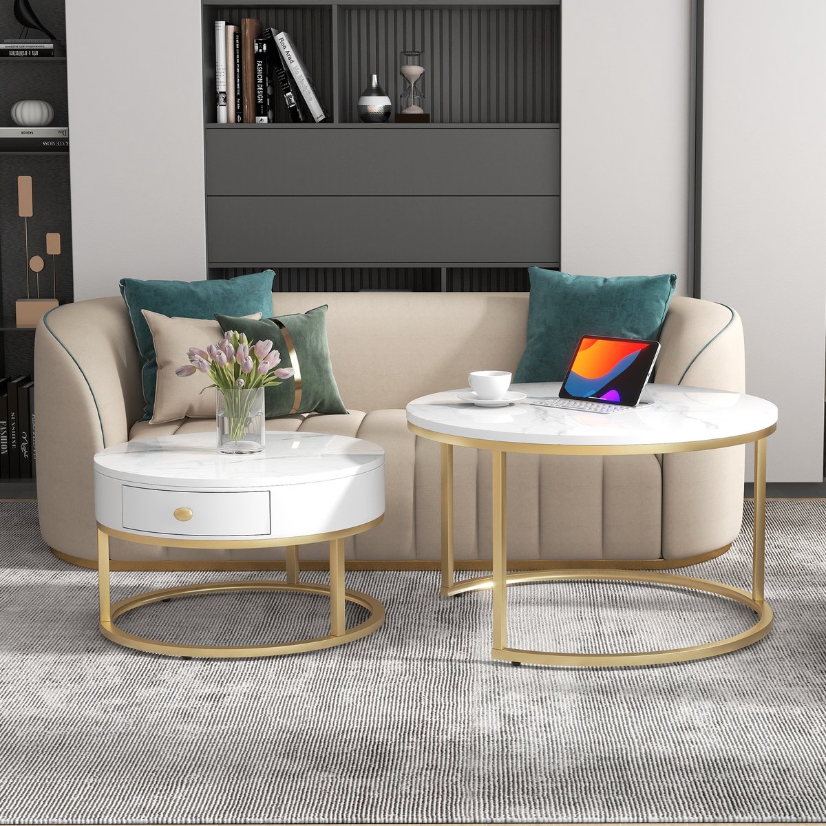 MODFU Salontafelset - Nestbaar - Rond - Modern - Voor Woonkamer - MDF En Metaal - Hoogglans Wit - 70 x 70 x 48 / 50 x 50 x 43,5 cm
