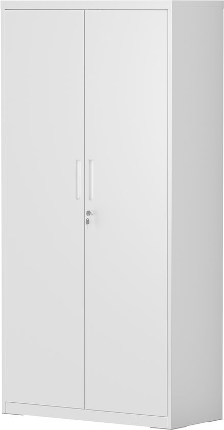 Witte archiefkast met twee deuren en een slot.
