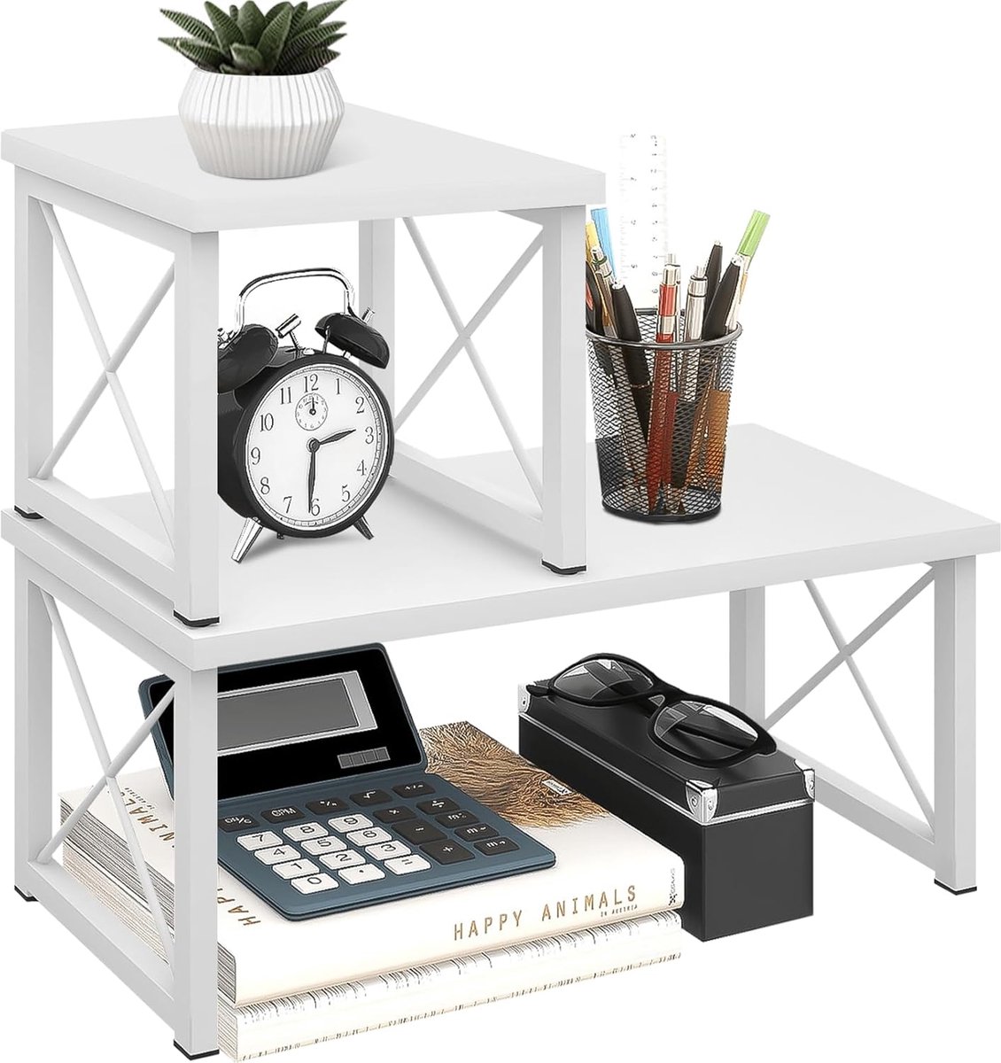 Bureau Plank Organizer - Desktop Opslag - Thuis Kantoor - 2 Tier Stapelbaar - 39.9 x 19.3 cm - Wit